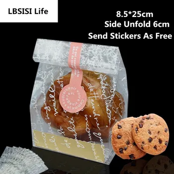 

50pc Clear Letters Plastic Side Self-standing Cookies Bags With Gold Paper Board and Free Stickers For Wedding DIY Bakery