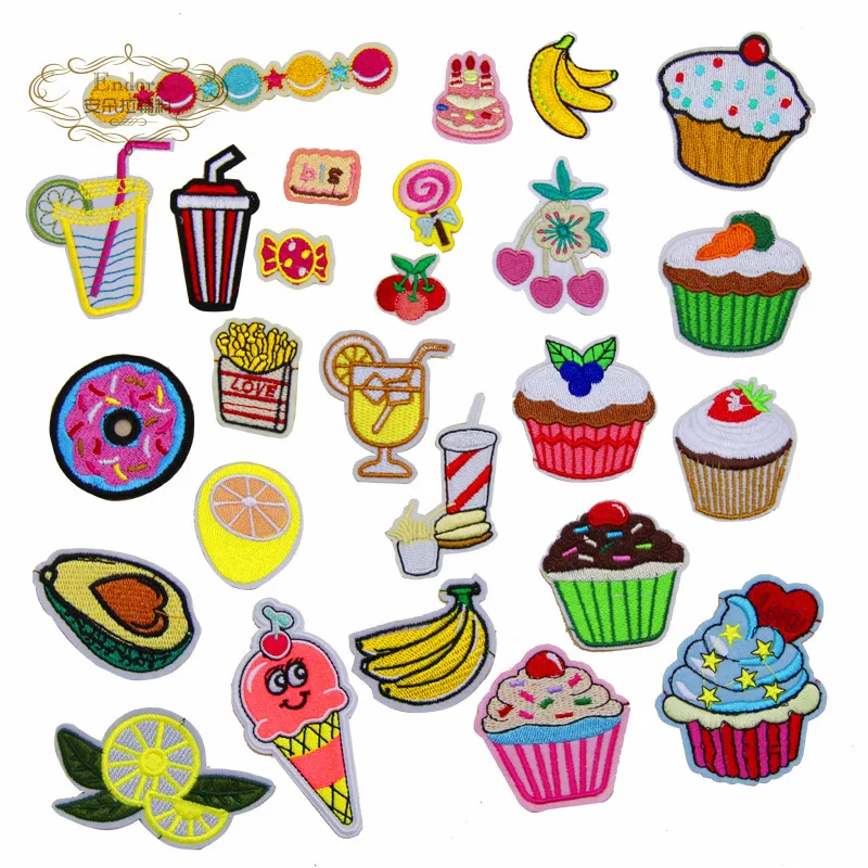 

New Arrival 10 pcs cupcakes fruits candy biscuits Embroidered patches iron on cartoon Motif Diy Applique embroidery accessory