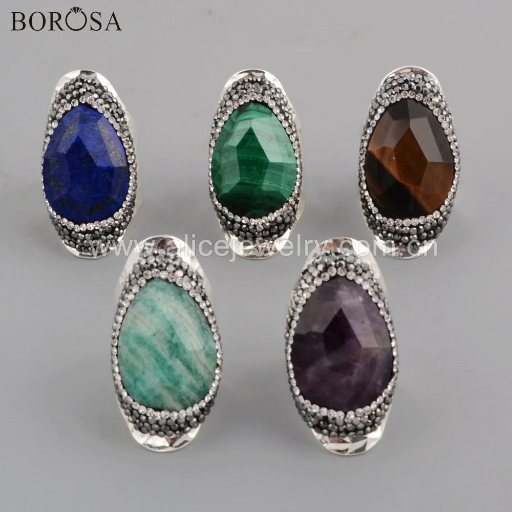 BOROSA 5PCS wholesale Lapis Lazuli Faceted Drop Paved Crystal Band Rings Amethysts malachite tiger eye Amazonite JAB956-2 | Украшения и