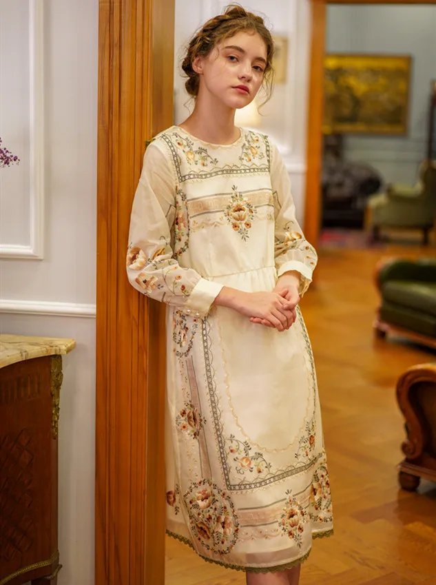

Spring Women Vintage Elegant Formal Short Dress Ladies Retro Handmade Limited Edition Antique Exquisite Silk Embroidery Dress
