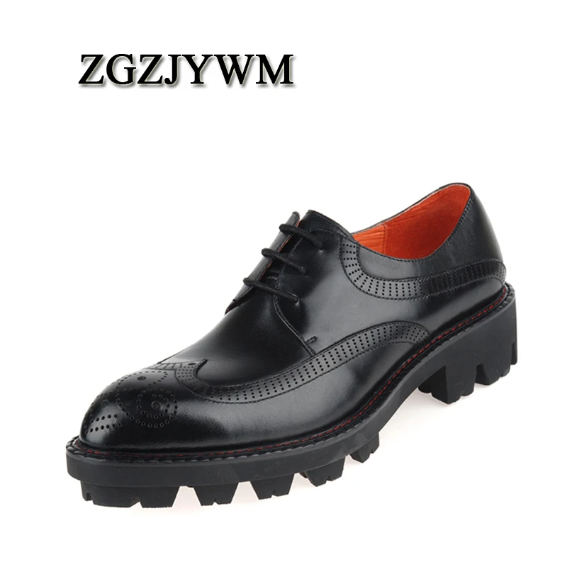 Zgzjywm Men Genuine Leather Carved Pattern Black/red Laceup Solid