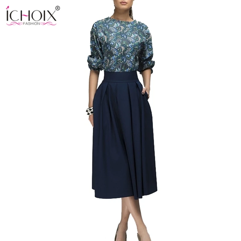 ICHOIX, весенне-летнее винтажное платье, женское платье средней длины с рукавом до локтя, элегантное платье с принтом, повседневное ТРАПЕЦИЕВИДНОЕ женское офисное платье Vestidos - Цвет: Тёмно-синий