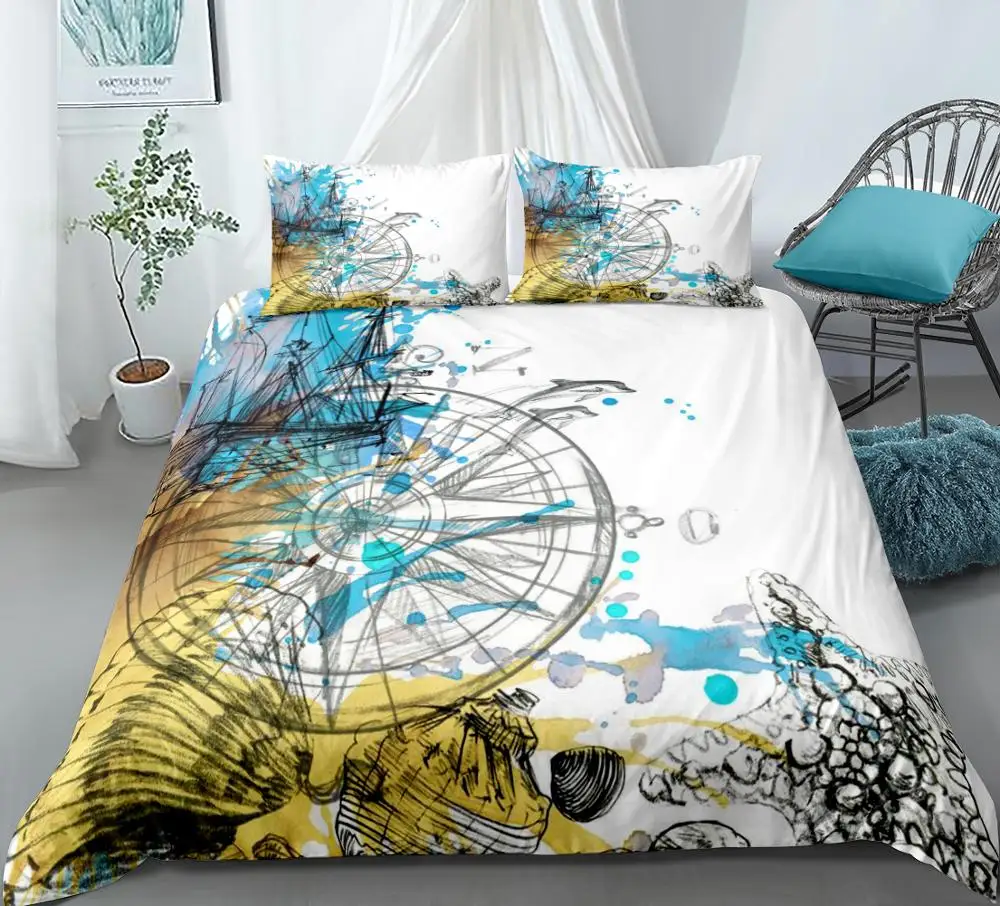 Compass Duvet Cover Set Shell Bedding Set Queen Starfish Quilt