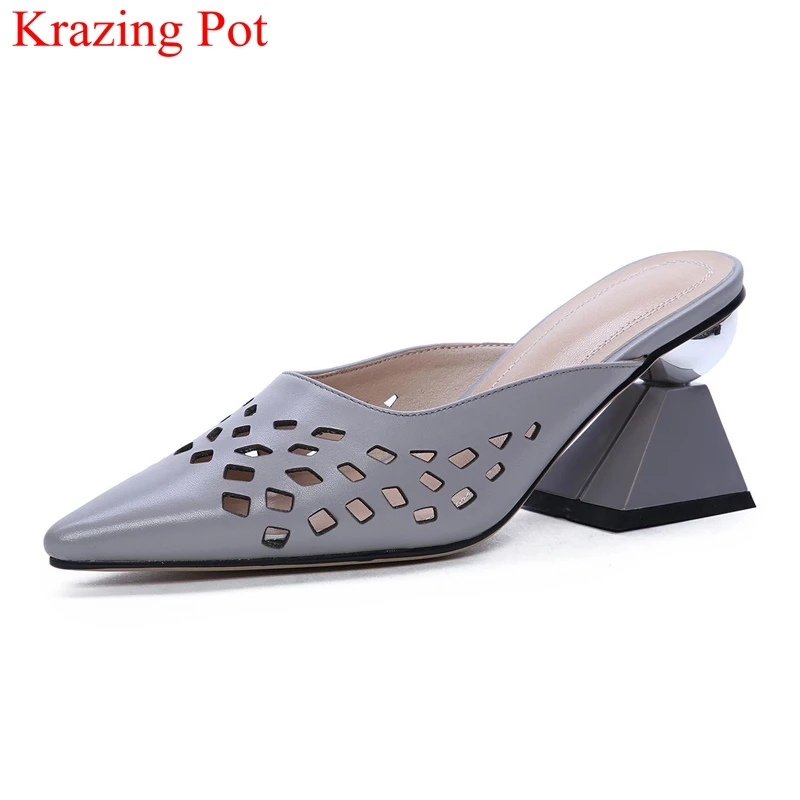

fashion cow leather pointed toe high heels hollow shallow slingback women sandals sweet elegant mules vacation summer shoes L8f1