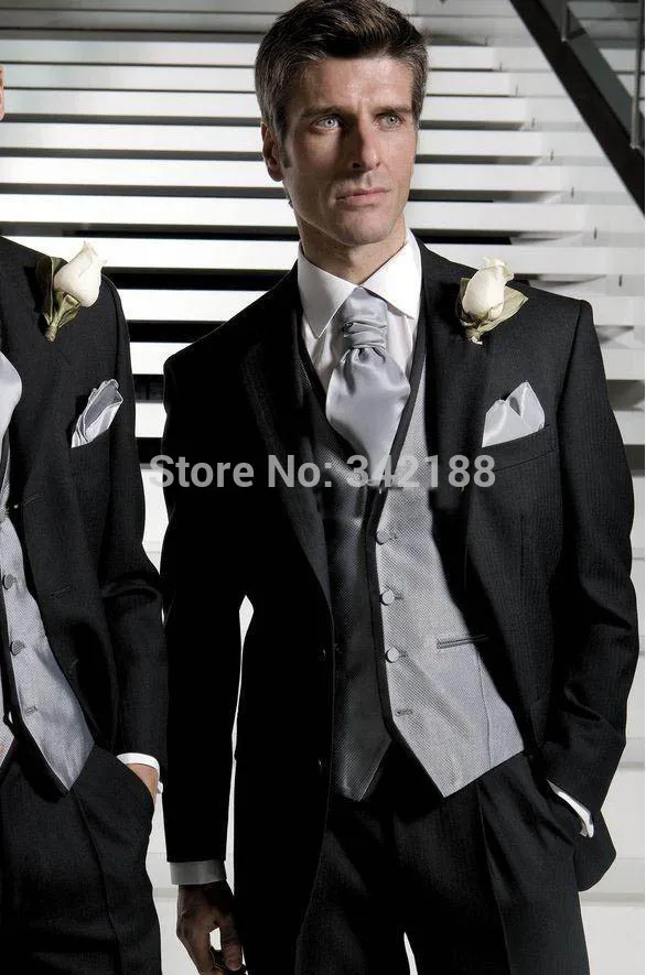 FREE shipping/shot styles New Custom Design Two Buttons Black Groom Tuxedos/Notch Lapel Best Man Groomsman Men Wedding Suitswedd custom design groom tuxedos groomsmen 2 buttons men wedding suits jacket pants tie waistcoat wedding men clothes