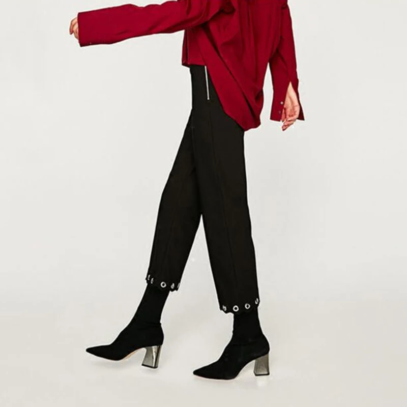 Aneikeh/Модные ботильоны с эластичным носком; женские эластичные ботинки на высоком массивном каблуке; сезон осень; пикантные ботинки с острым носком; женские туфли-лодочки; Цвет Черный