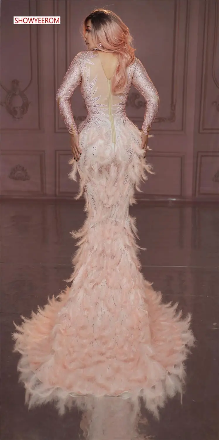 Блестящие Стразы Перо обнаженное платье сексуальное для ночного клуба полный камни длинный большой хвост платье костюм выпускной день рождения, празднование платья