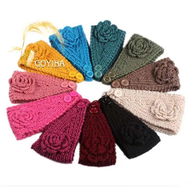 

GOYIBA 10 Colors Women's Winter Solid Flower Crochet Knitting Knitted Headband with Button Headwrap Ear Warmer Turban Hair Band