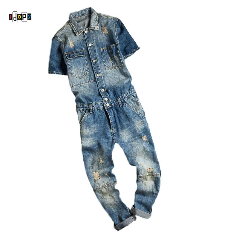 

Idopy Men`s Bib Denim Overalls Cowboy Vintage Ripped Workwear Short Sleeve Jeans Jumpsuit Coverall Cargo Denim Pants