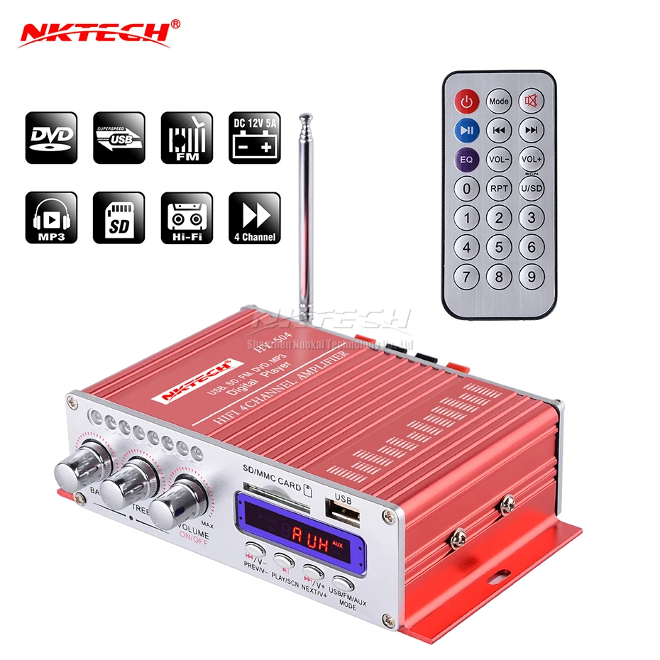 Автомобильный цифровой усилитель высокой мощности NKTECH 4 канала x 45 Вт Hi Fi FM радио