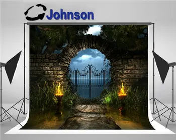 

wedding photo studio background Vinyl cloth High quality Computer print Garden Gate Round Stone Torches Light photo backdrop