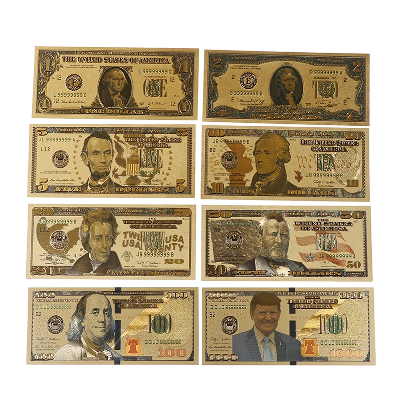 

Hot sale 8pcs/lot 8 different design US Dollar Gold Foil plated Banknote America paper money for collection / banknote
