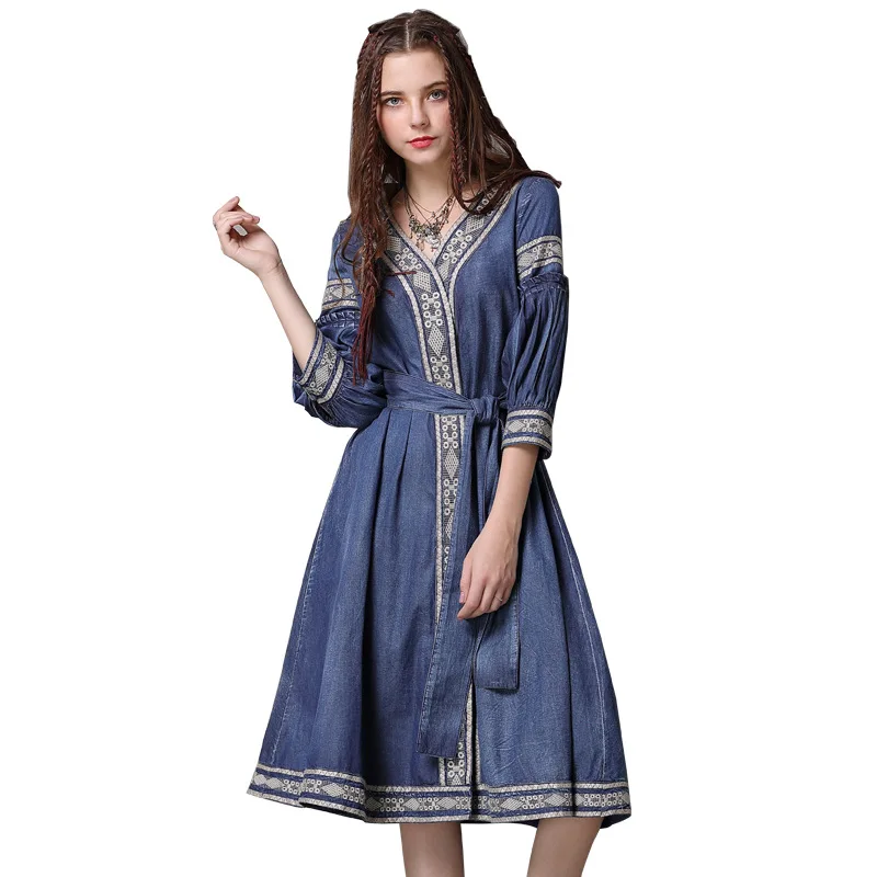 High Quality Women Dresses Embroidery 2018 Elegant Wrap Plus Denim Size
