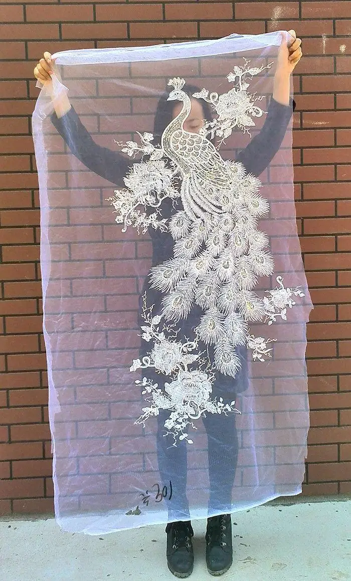 

55*110cm large white phoenix or peacock sequin embroidery applique patch as raw material for classic clothing & accessories DIY