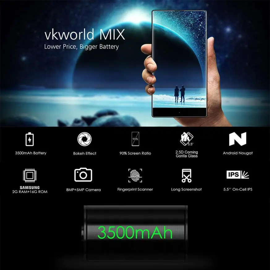 Музыкальный плеер MP3 воспроизводитель mp3 плеер VKWORLD MIX 4G Phablet 5,5 ''Android 7,0 MTK6737 четырехъядерный 2 Гб 16 Гб 3500 мАч полный экран