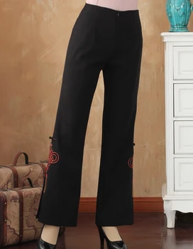 

Autumn Winter Black Chinese Women Flare Trousers Embroidery Flower Pant Mid-Waist Plus Size M L XL XXL 3XL 4XL 2513-3