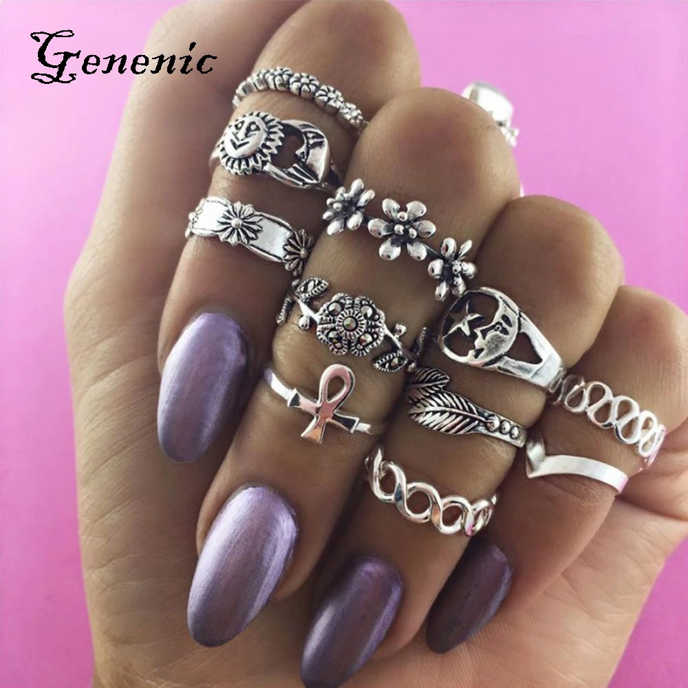 

1 Set New New Bohemian Vintage Women Silver Elephant Finger Rings Punk Ring Gift Vintage Punk Jewelry Ring Set