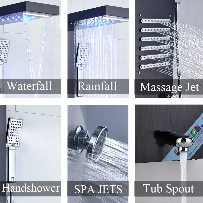 Luxury-Black-Shower-Column-Faucet-Led-Light-Wall-Mount-Bathroom-Bath-Shower-System-SPA-Massage-Sprayer