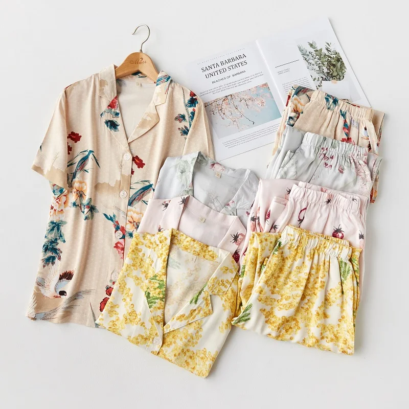 

Summer Floral Print Viscose Fashion Women's Pajama Set Short Sleeve Long Pants Casual Sleepwear Suits Strawberry Cotton Pyjamas