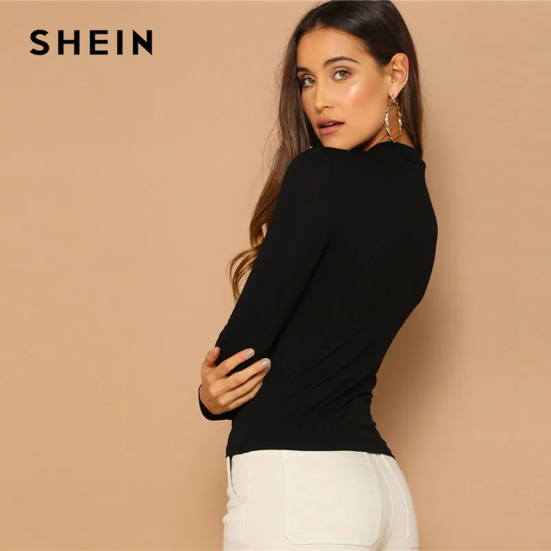 SHEIN Однотонная Облегающая Блузка Женский Черный Элегантный Топ С Длинными Рукавами И Стоячим Воротником