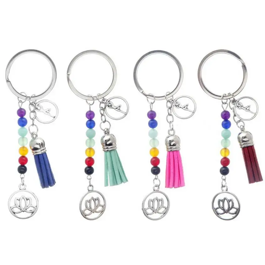 

Drop Shipping Alloy Silver New seven chakras yoga energy fitness Lotus Charms tassel keychain Bag Handbag Keyring Car Key Chain