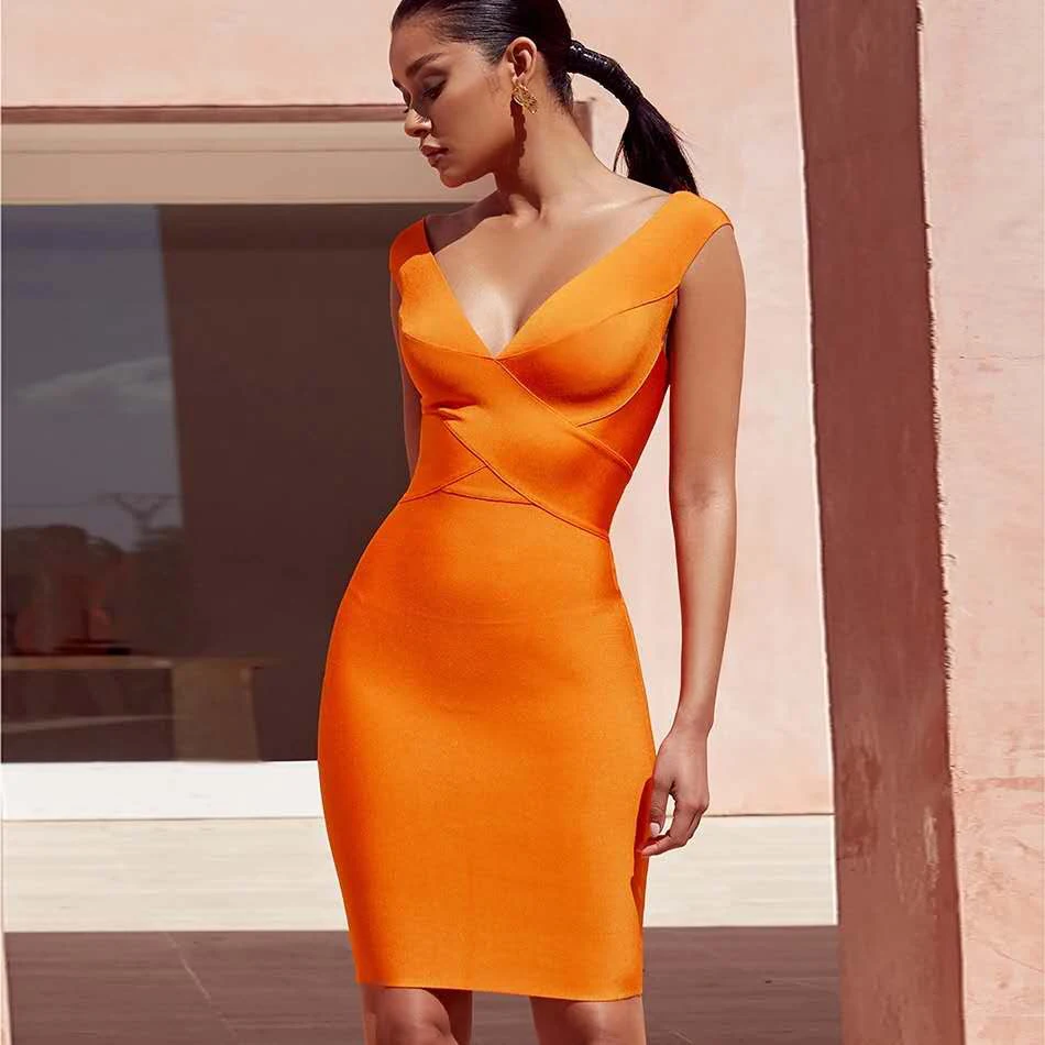 

2019 Summer Women's Bandage Dress Orange Tank Sexy Deep V-neck Sleeveless Bodycon Dress Club Celebrity Party Dress Vestidos