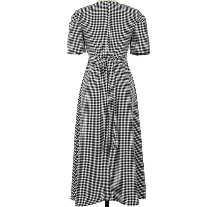 Летнее элегантное винтажное клетчатое платье в стиле ретро с коротким рукавом и круглым вырезом тонкое платье трапециевидной формы