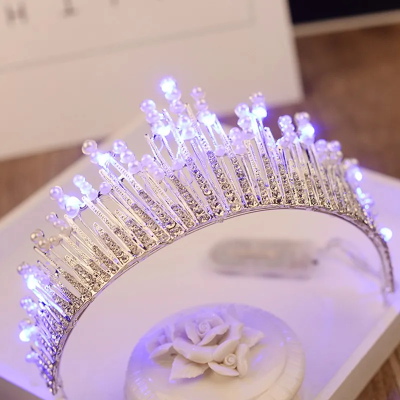 

Wedding Hair Accessories Bridal Diadem LED Light Crown Hair Ornaments Crystal Pearls Luminous Tiaras and Crowns Bijoux Cheveux