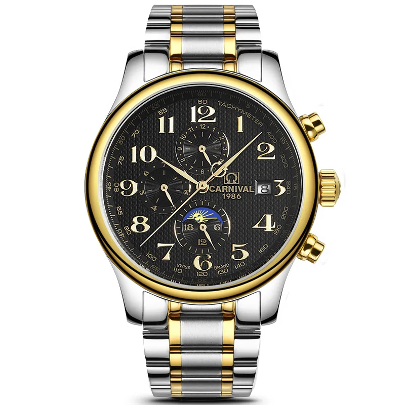 Карнавальные синие многофункциональные автоматические механические мужские часы TopBrand, роскошные деловые часы из нержавеющей стали, спортивные часы relogio - Цвет: Gold Steel Black