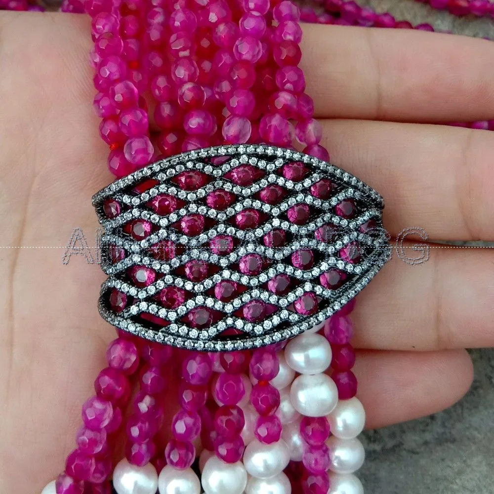 

24" 6 Strands Fuchsia Stone White Pearl Necklace CZ Pave Pendant