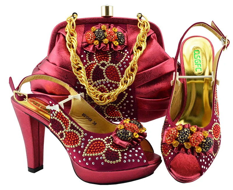 

Nice new arrival wine red shoes and bag to match in high heel 4 inches for african aso ebi wedding party shoe and bag SB8165-4