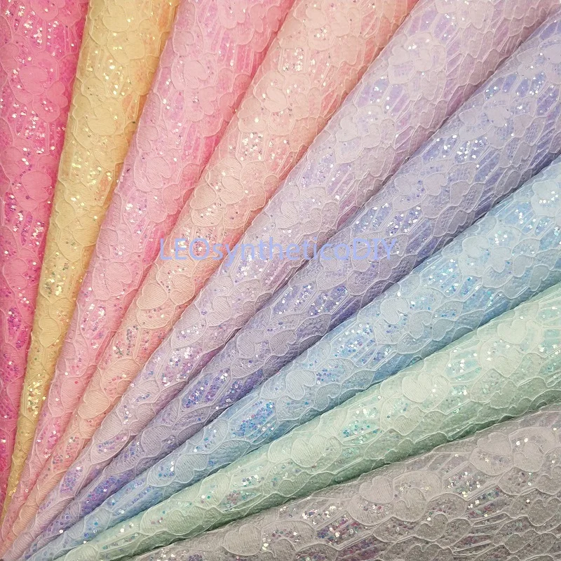 

90x134CM Pastel Colors Lace Glitter Fabric, Synthetic Leather, Faux Leather For Making Bows Accessories LEOsyntheticoDIY T224Y
