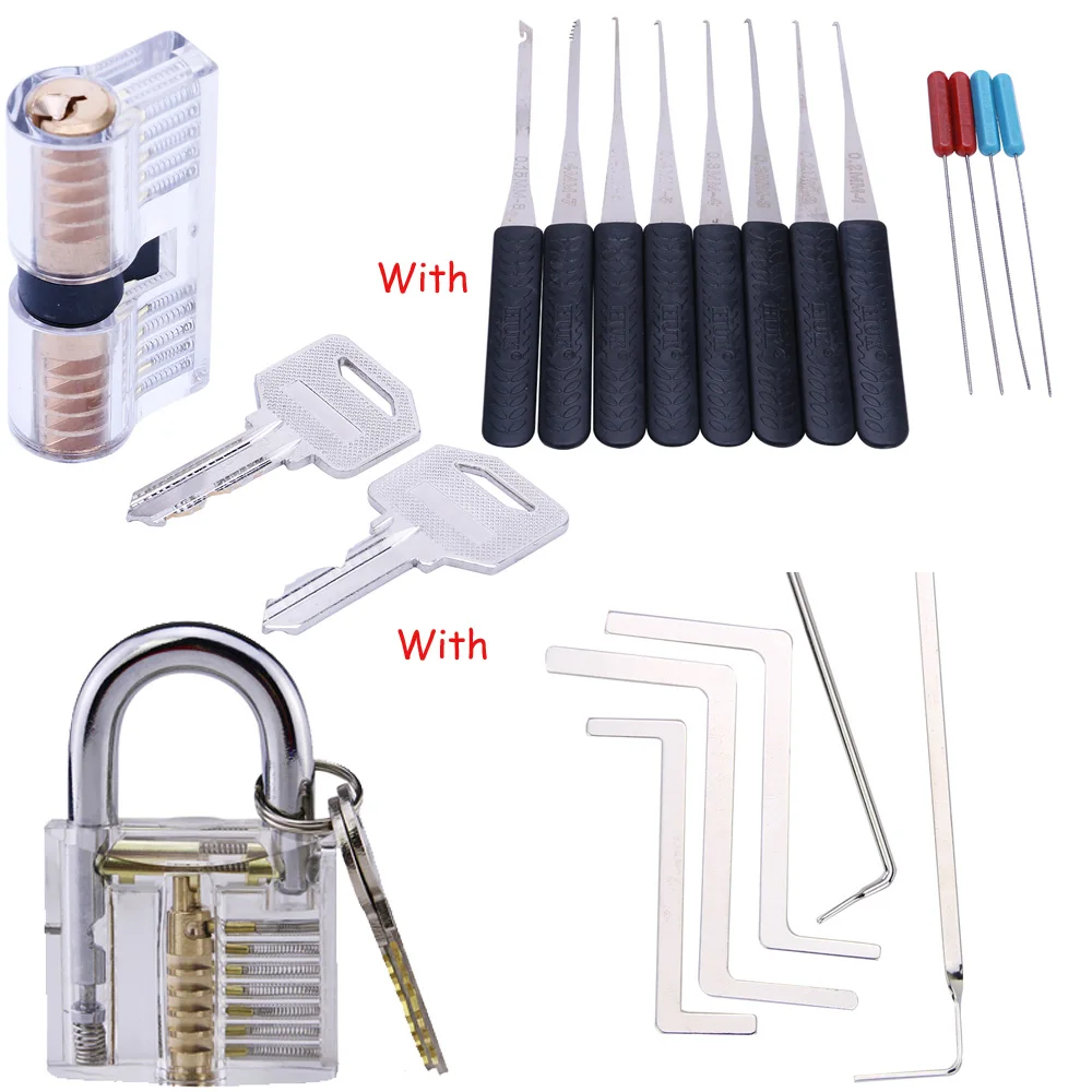 

Locksmith Tool Transparent Visible Cutaway Practice Padlock Lock Pick 4 In 1 Set with 12PCS Broken Key Removing Hooks and Wrench