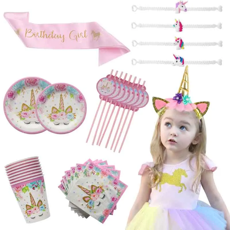 

Unicorn Party Supplies Tableware Girl Kids Unicorn Birthday Party Decoration Gift Wristband Baby Shower Unicornio Headband Decor