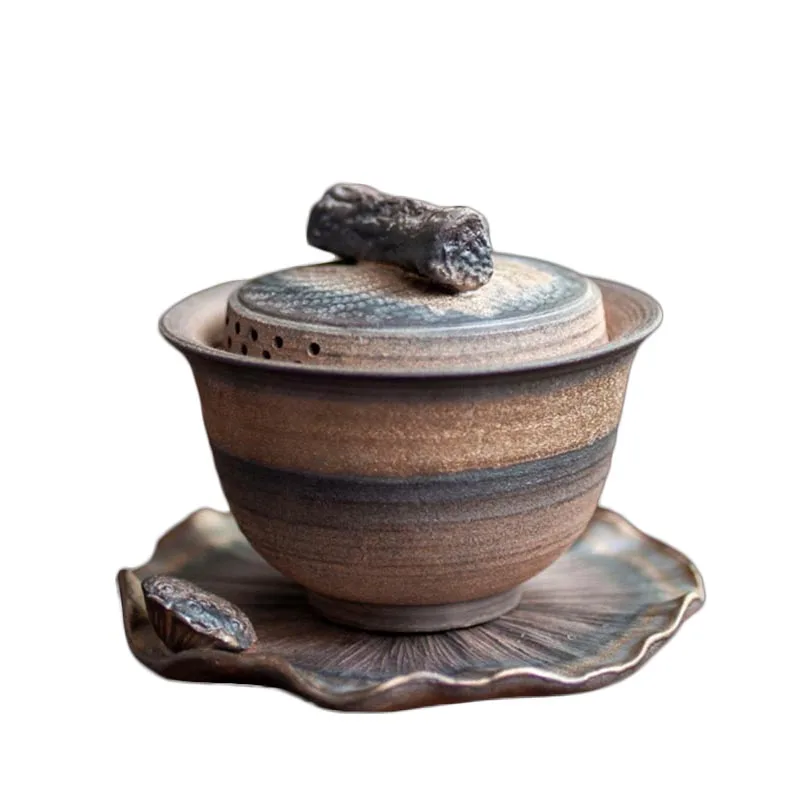 

170ml Japanese Style Vintage Coarse Pottery Rust Glaze Gaiwan Handmade Ceramic Kung Fu Tea Set Tureen Teacup Tea Bowl Home Decor