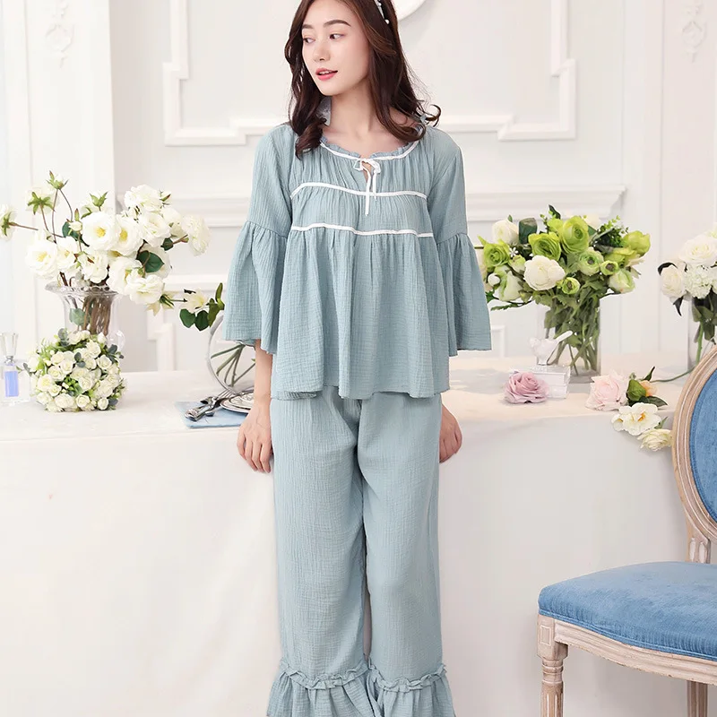 Elegant Retro Trumpet Sleeves Crepe Pajamas for Women Pretty Cute