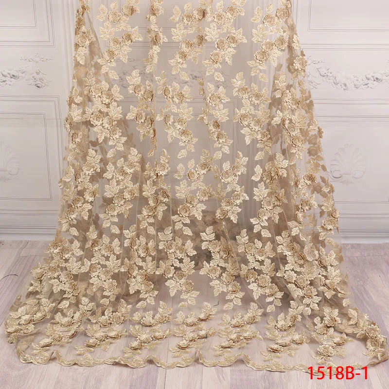 

Gold thread African Tulle Lace fabric for party dress 2019 New African Handmade Flowers Trim Beads mesh lace fabric APW1518B-1
