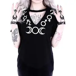 Футболка с принтом Луны женская летняя готический, панк, черный футболка Сексуальная футболка с v-образным вырезом рубашка большого