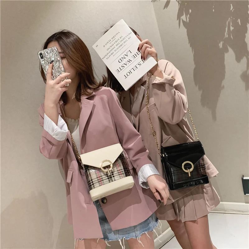 

Chic lacquered lady bag 2019 new fashion PVC transparent chain bag Korean version checked single shoulder oblique Bag Handbag