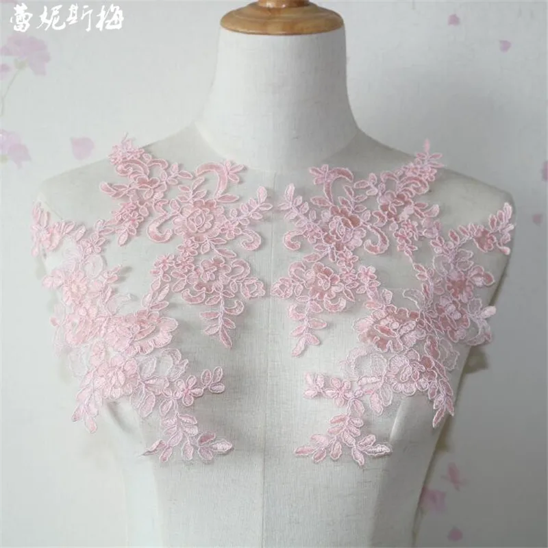 A Pair of red floral collar lace appliques with gold cords bolero lace motifs
