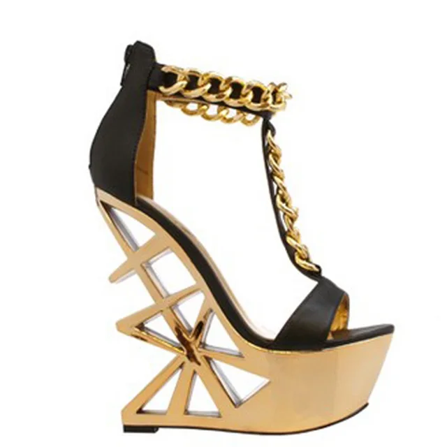 Gullick Cutout Gold Metallic Heels Woman Sandal Strange Style T bar Strap Wedge Sandal Chains 