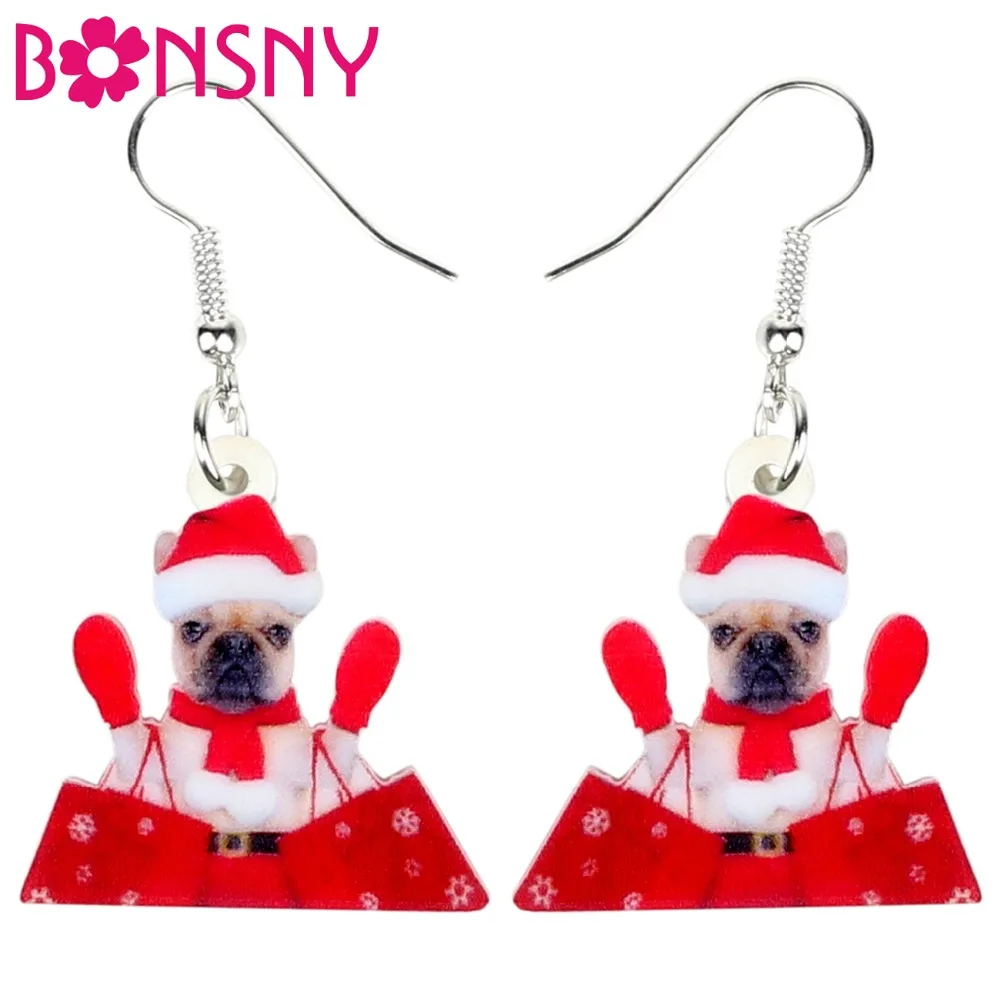 

Bonsny Acrylic Christmas Shopping Bulldog Dog Earrings Drop Dangle Cute Animal Jewelry For Women Girls Pet Lovers Gift Wholesale