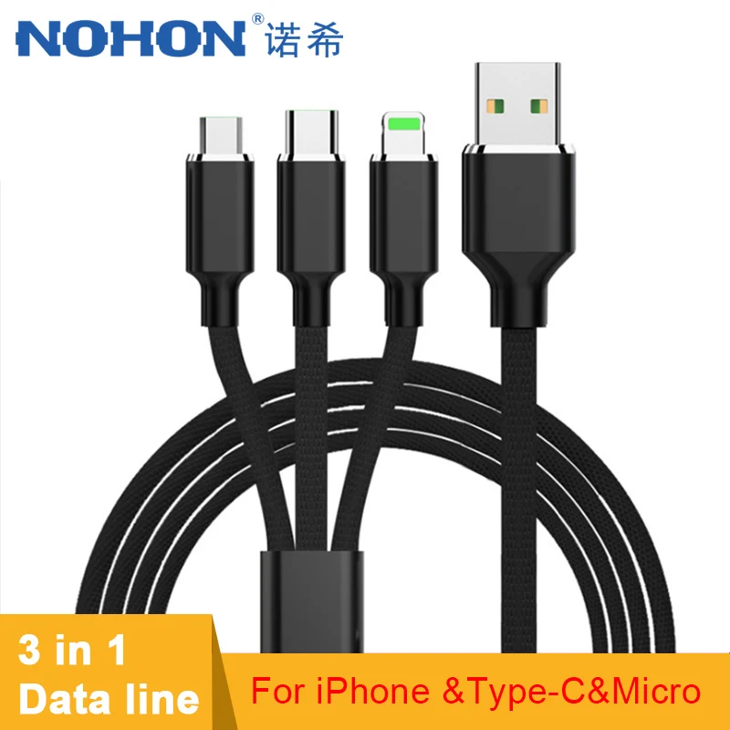 

NOHON 3 in 1 Charging Cable 8 Pin For iPhone 7 6 8 Plus X Micro USB Type C For Samsung S8 S9 Xiaomi Redmi Note 5 6A Charger Line