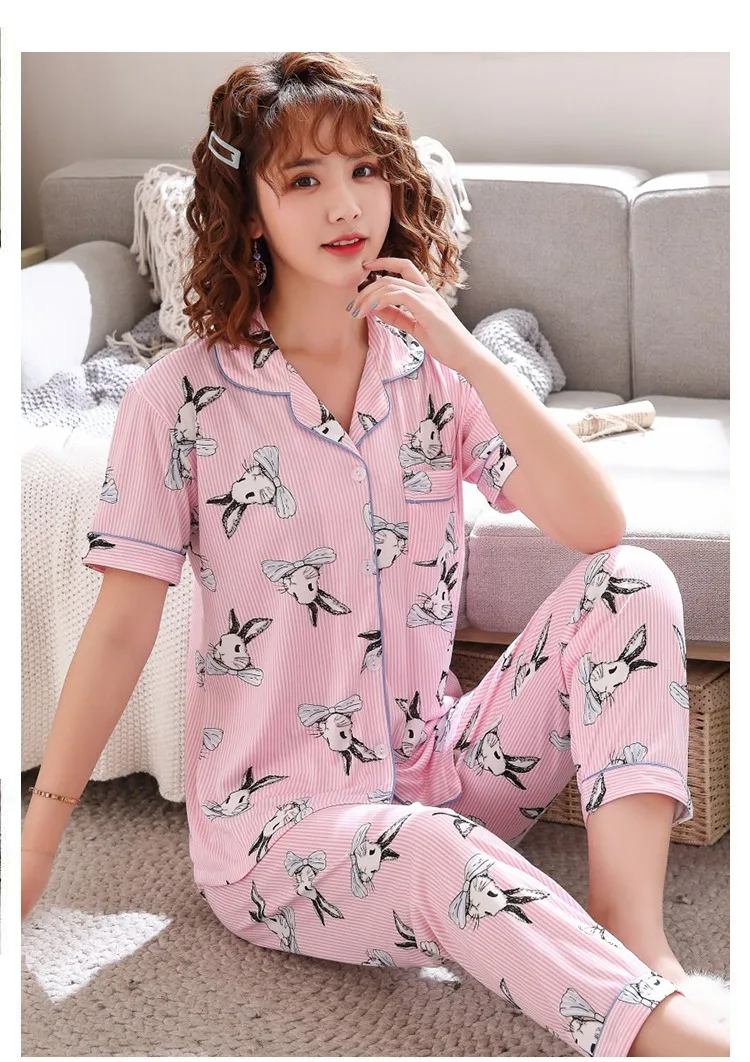 2019 летние шорты рукавом Длинные брюки для девочек пижамные комплекты для женщин хлопок печати пижамы Femme домашняя утварь Pijama Mujer домашняя