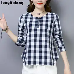 Корейский с длинным рукавом плед для женщин s Топы корректирующие и блузки для малышек повседневное хлопок белье блузка, женские рубашки