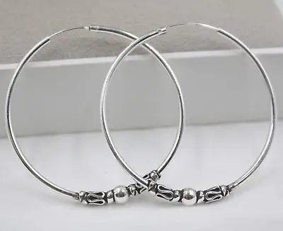 

New Vintage Pure S925 Sterling Silver Women's Figure Bead Hoop Earrings 42x4mm