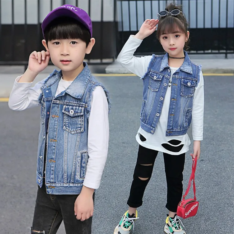 

New Boys Girls Denim Vest Spring Autumn Broken Hole Style Kids Waistcoat Clothes Bebe Jeans Jacket for 4-16T Children Outerwear