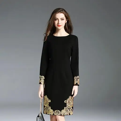 2XL 2019 качество OL стиль вышивка с длинным рукавом женские платья круглым вырезом