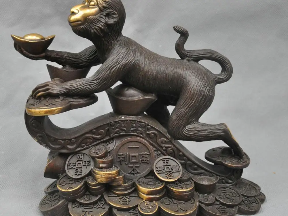 

11" China Fengshui Zodiac Monkey Hold Ingot Lucky Auspicious Bronze Statue