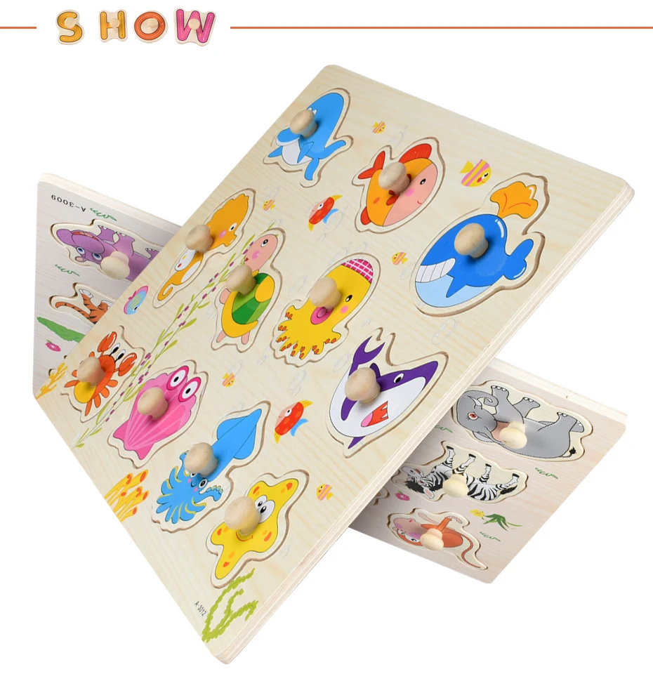 Baby Puzzle Toys Wooden Jigsaw Hand Grab Board Set Educational Toys for Children Cartoon Vehicle Marine Animal Jigsaw Child Gift